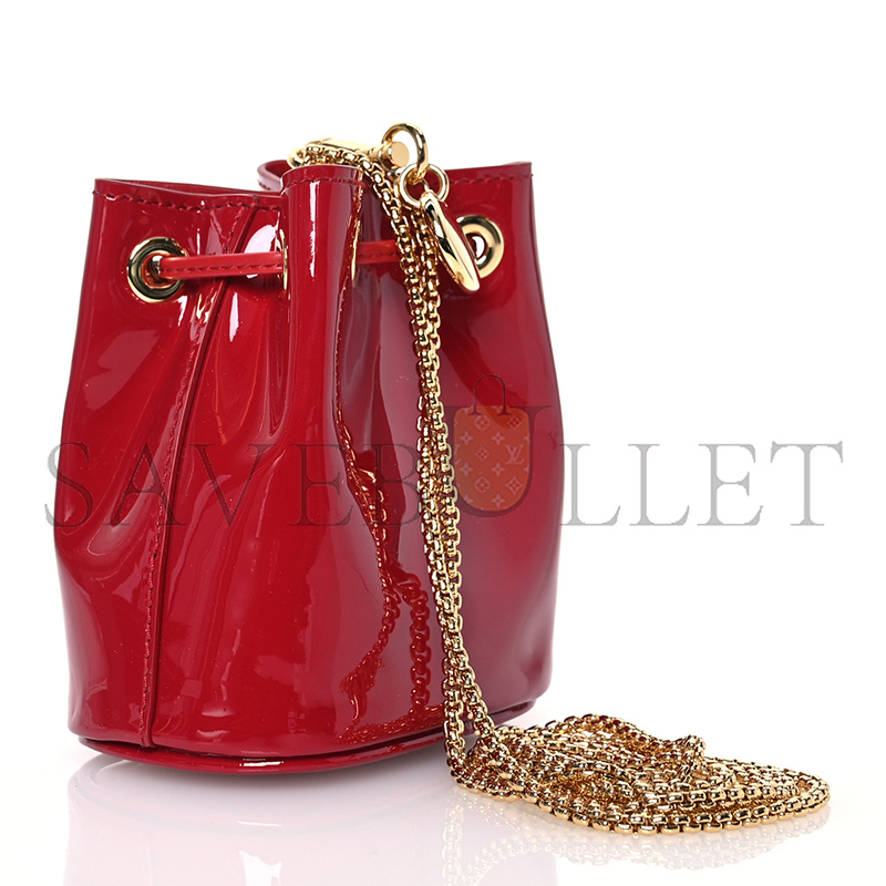 PRADA VERNICE METAL TRIANGLE LOGO MINI DRAWCORD POUCH SHOULDER BAG CHERRY 1NR016 (9.5*9*6cm)